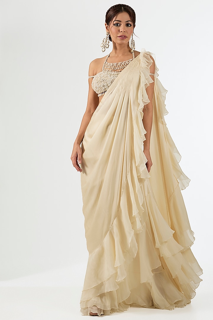 Ivory Satin Organza Draped Wedding Saree Set by Pallavi Poddar (India) at Pernia's Pop Up Shop