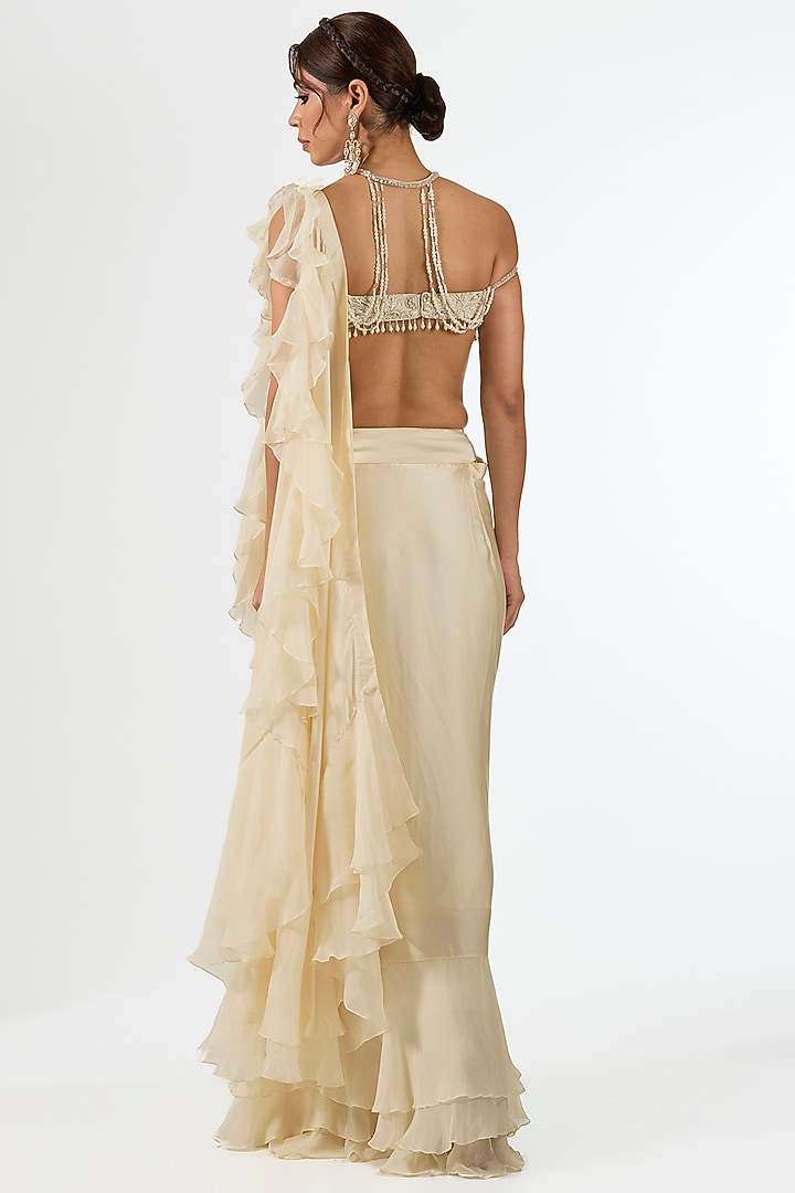Ivory Satin Organza Draped Wedding Saree Set by Pallavi Poddar (India) at Pernia's Pop Up Shop