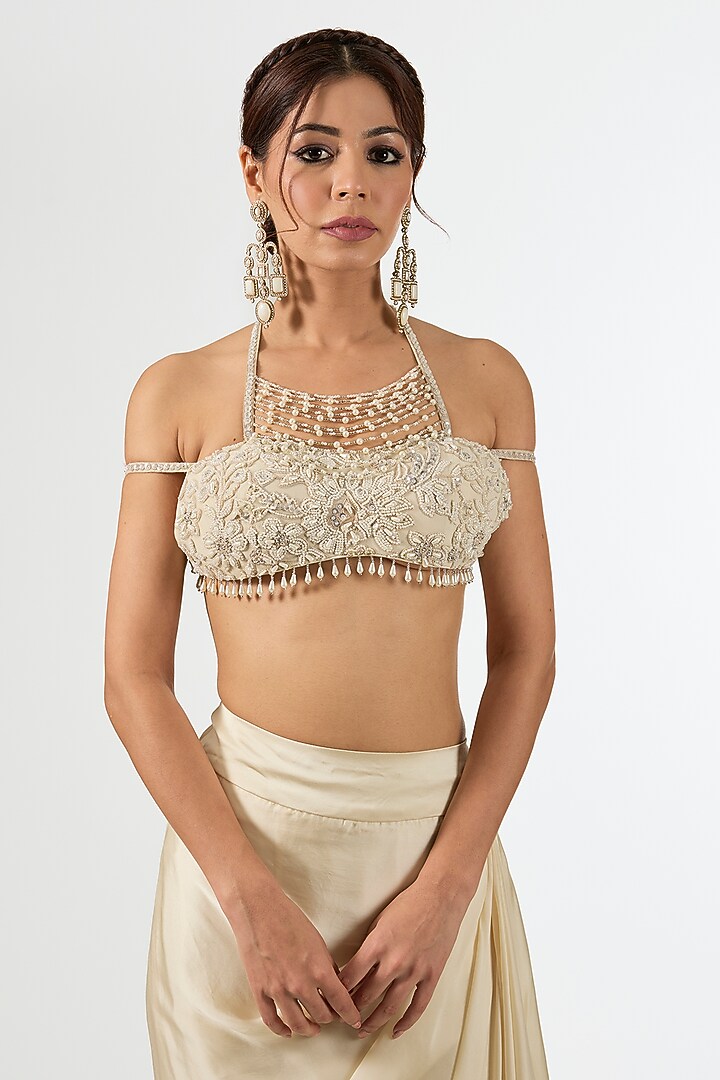 Ivory Satin Organza Draped Wedding Saree Set by Pallavi Poddar (India) at Pernia's Pop Up Shop