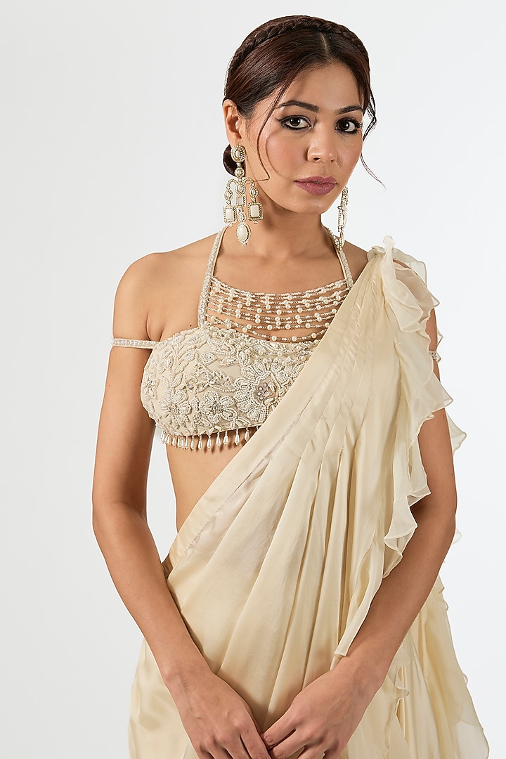 Ivory Satin Organza Draped Wedding Saree Set by Pallavi Poddar (India) at Pernia's Pop Up Shop