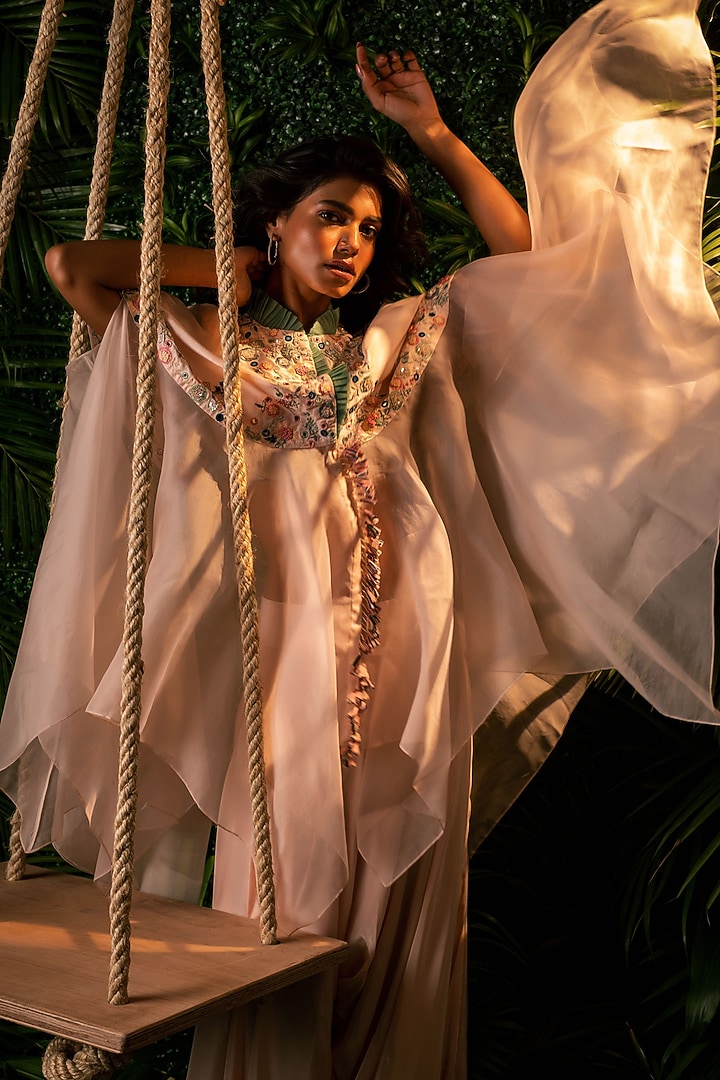 Pink Dupion & Organza Embroidered Cape Set by Pallavi Poddar (India) at Pernia's Pop Up Shop