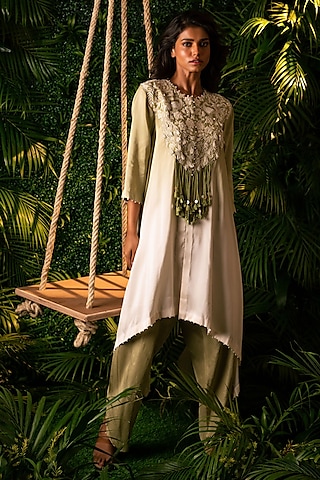 Green Dupion Dhoti Set by Pallavi Poddar (India)
