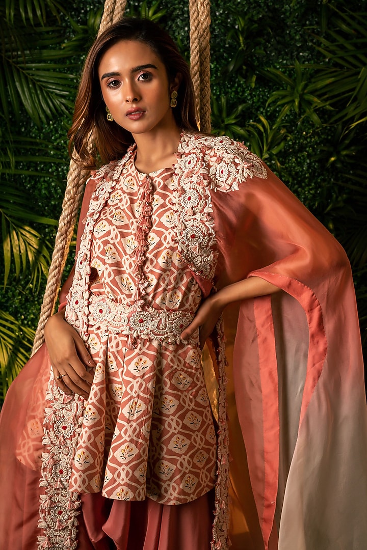 Onion Pink Organza Cape Set by Pallavi Poddar (India) at Pernia's Pop Up Shop