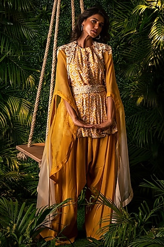 Yellow Organza Cape Set by Pallavi Poddar (India)