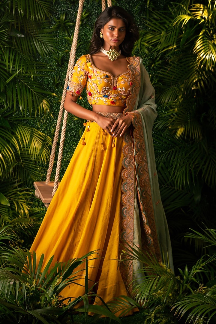 Mustard Yellow Chanderi Tissue Embellished Wedding Lehenga Set by Pallavi Poddar (India) at Pernia's Pop Up Shop