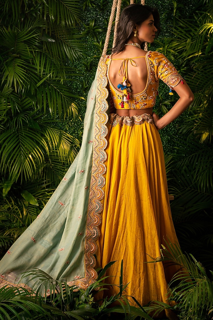 Mustard Yellow Chanderi Tissue Embellished Wedding Lehenga Set by Pallavi Poddar (India) at Pernia's Pop Up Shop