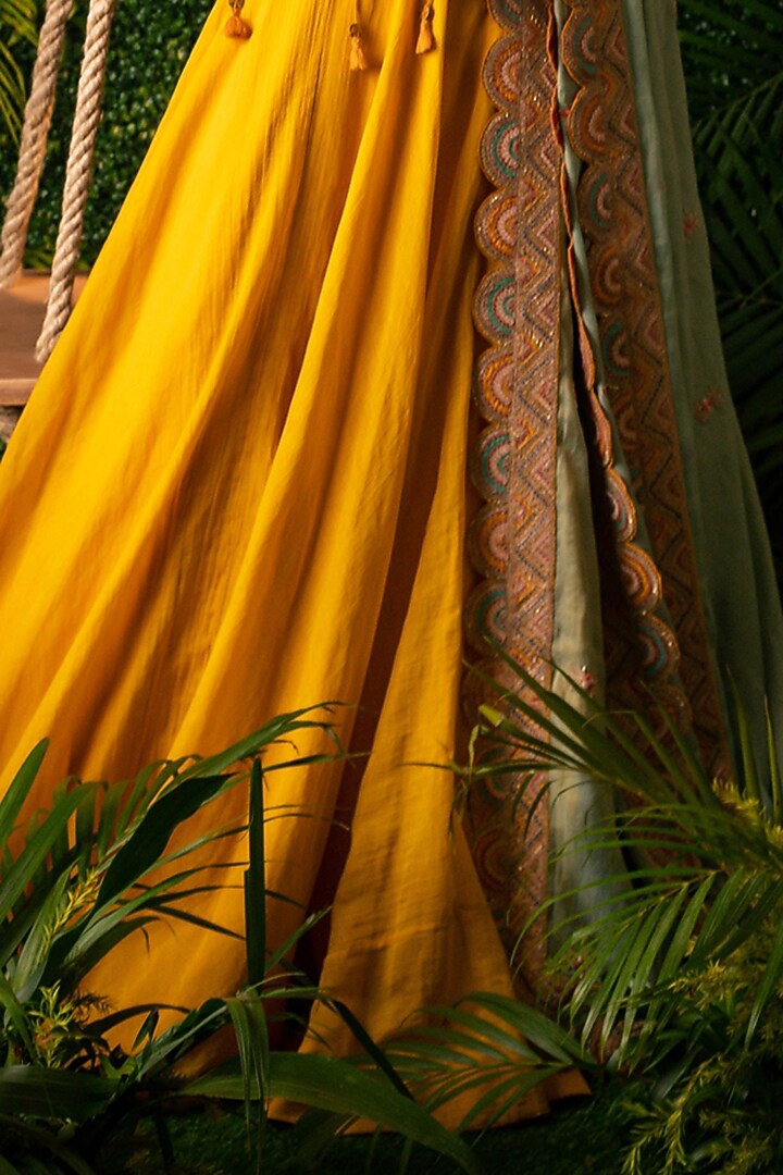 Mustard Yellow Chanderi Tissue Embellished Wedding Lehenga Set by Pallavi Poddar (India) at Pernia's Pop Up Shop
