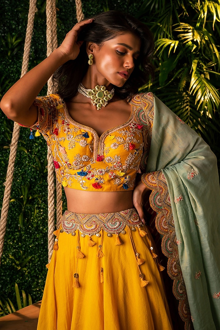Mustard Yellow Chanderi Tissue Embellished Wedding Lehenga Set by Pallavi Poddar (India) at Pernia's Pop Up Shop