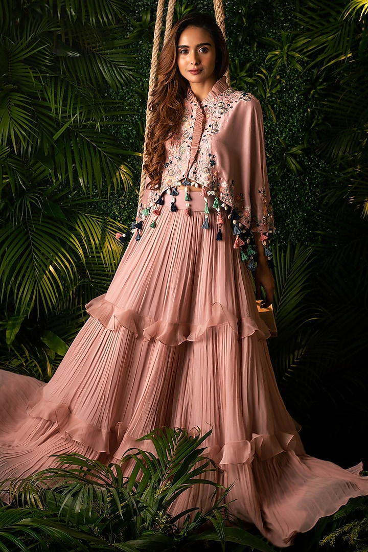 Pink Organza Tiered Skirt Set by Pallavi Poddar (India)