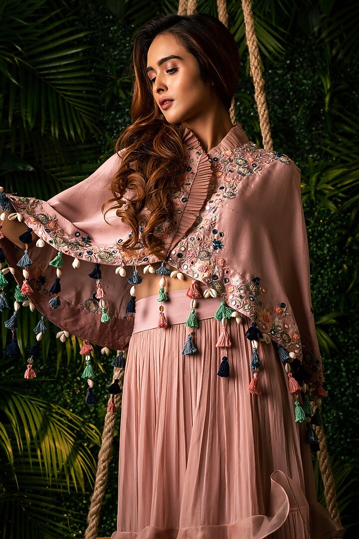 Pink Organza Tiered Skirt Set by Pallavi Poddar (India) at Pernia's Pop Up Shop