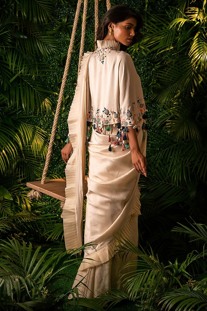 Ivory Dupion Draped Wedding Saree Set by Pallavi Poddar (India) at Pernia's Pop Up Shop