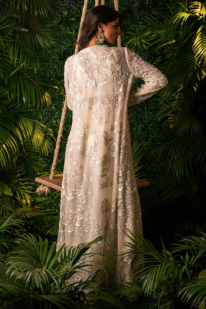 Ivory Satin lycra & Net Embroidered Jacket Set by Pallavi Poddar (India) at Pernia's Pop Up Shop