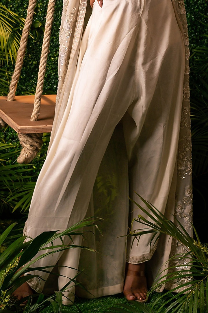 Ivory Satin lycra & Net Embroidered Jacket Set by Pallavi Poddar (India) at Pernia's Pop Up Shop
