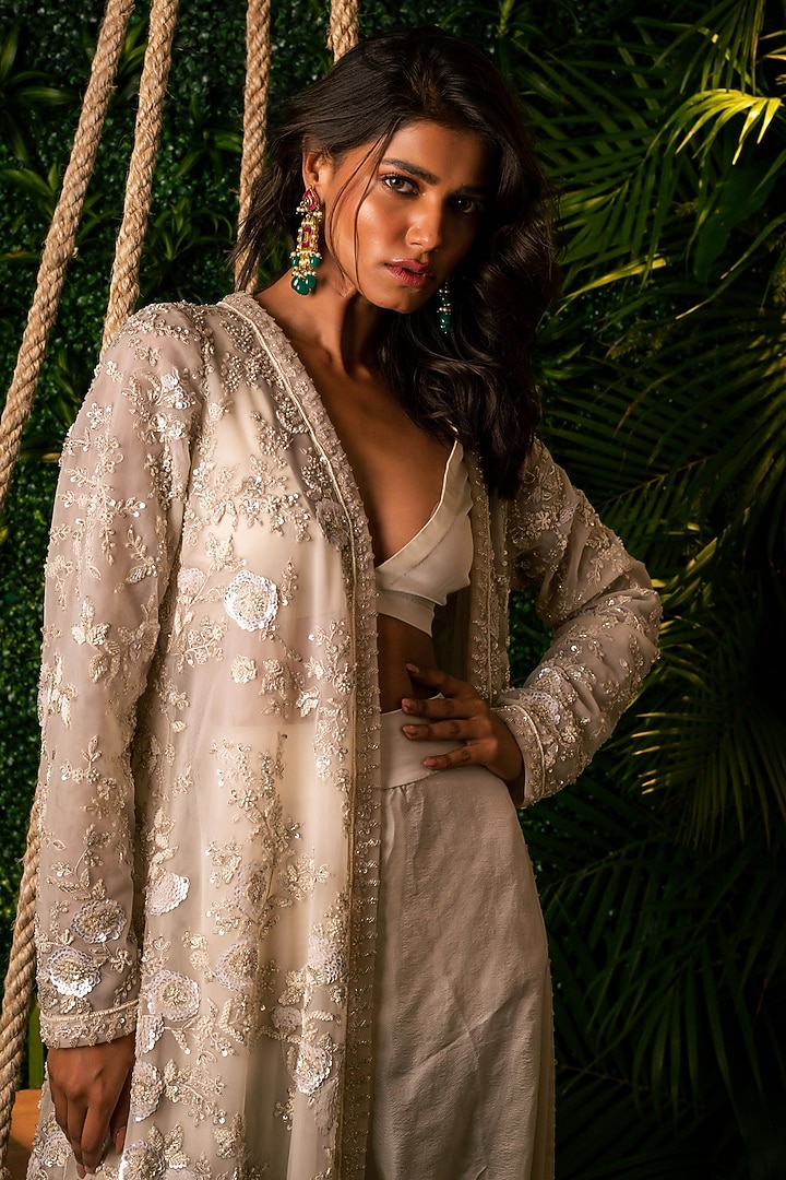 Ivory Satin lycra & Net Embroidered Jacket Set by Pallavi Poddar (India) at Pernia's Pop Up Shop