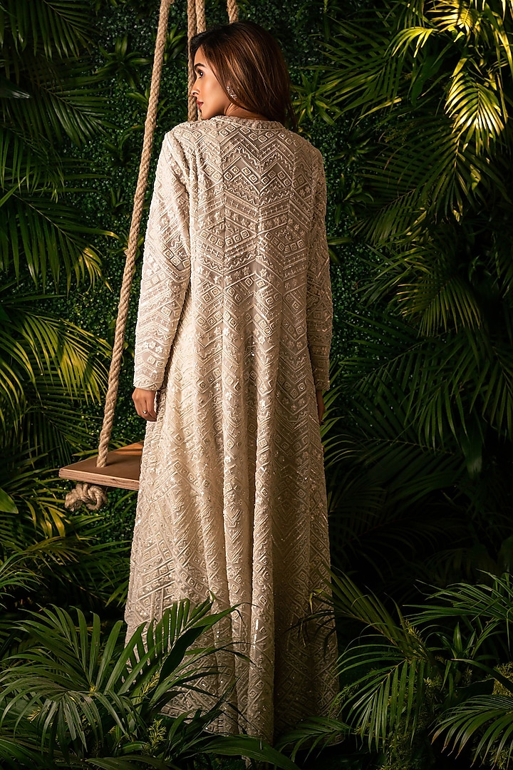 Ivory Satin lycra & Net Embroidered Jacket Set by Pallavi Poddar (India) at Pernia's Pop Up Shop