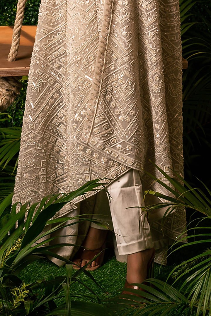 Ivory Satin lycra & Net Embroidered Jacket Set by Pallavi Poddar (India) at Pernia's Pop Up Shop