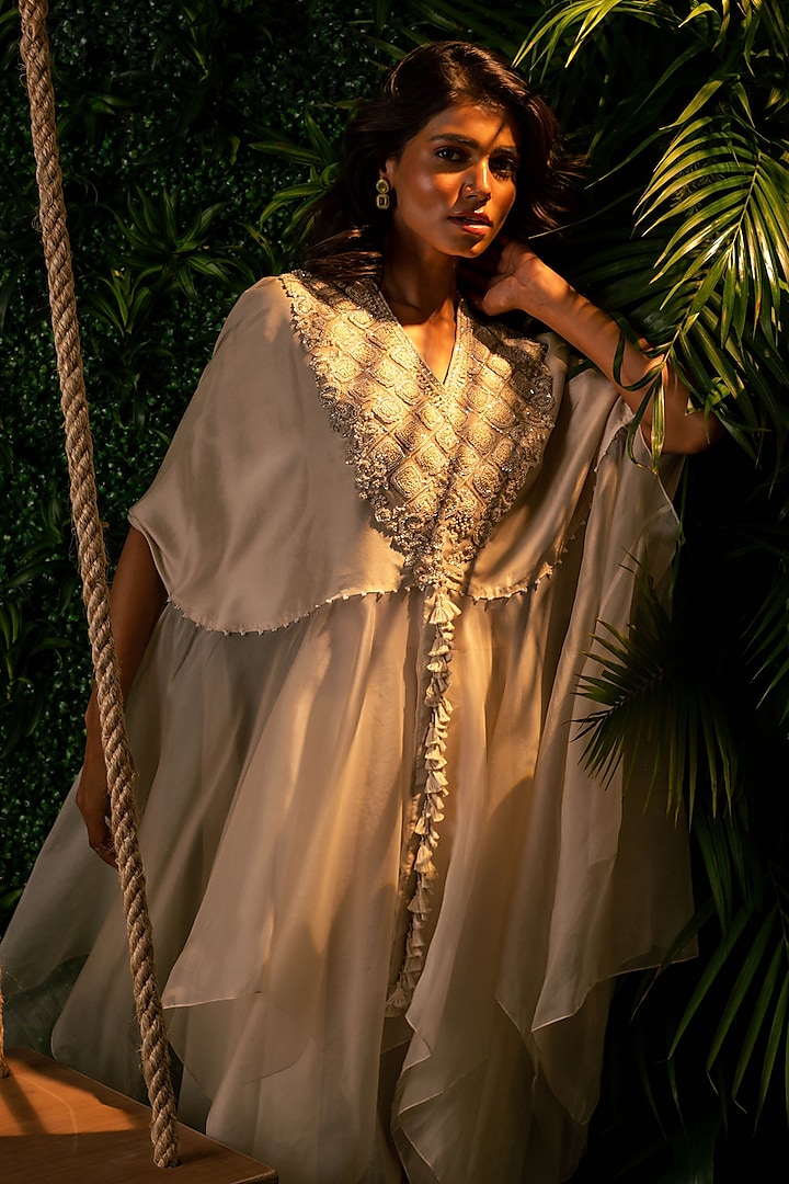 Ivory Dupion & Organza Embroidered Tunic Set by Pallavi Poddar (India) at Pernia's Pop Up Shop