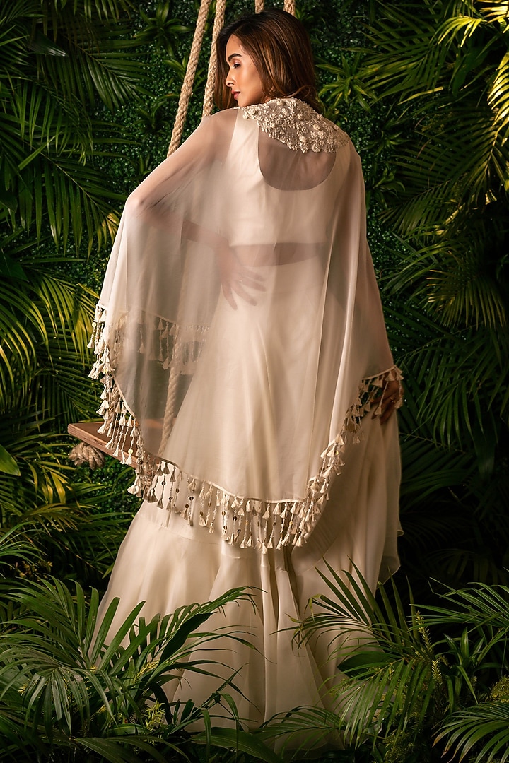 Ivory Dupion & Organza Tiered Skirt Set by Pallavi Poddar (India) at Pernia's Pop Up Shop