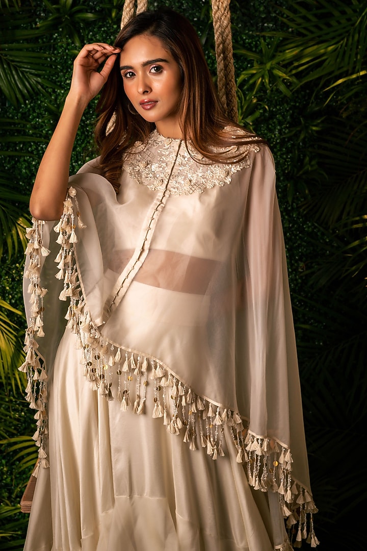 Ivory Dupion & Organza Tiered Skirt Set by Pallavi Poddar (India) at Pernia's Pop Up Shop