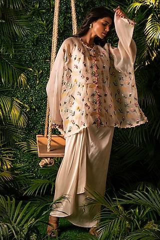 Ivory Dupion & Organza Pre-Draped Skirt Set by Pallavi Poddar (India)