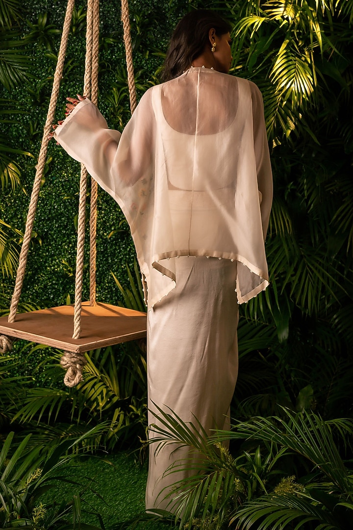 Ivory Dupion & Organza Pre-Draped Skirt Set by Pallavi Poddar (India) at Pernia's Pop Up Shop
