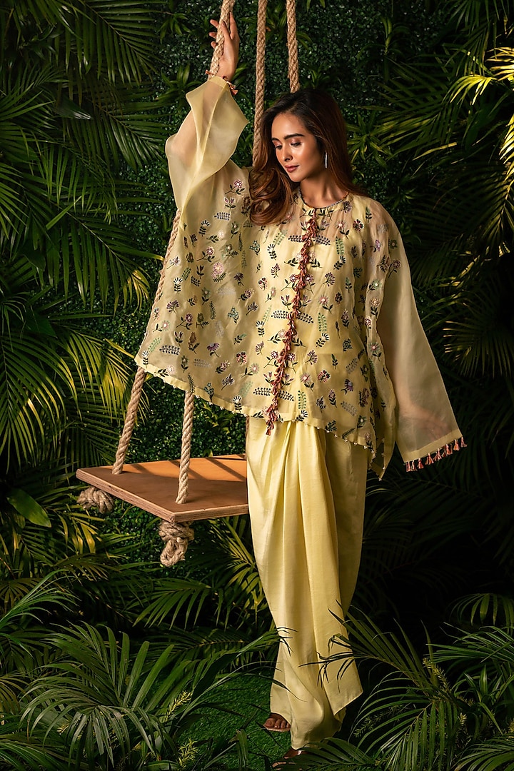 Lemon Green Dupion & Organza Pre-Draped Skirt Set by Pallavi Poddar (India)