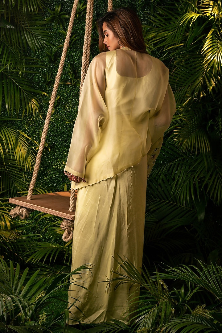 Lemon Green Dupion & Organza Pre-Draped Skirt Set by Pallavi Poddar (India) at Pernia's Pop Up Shop