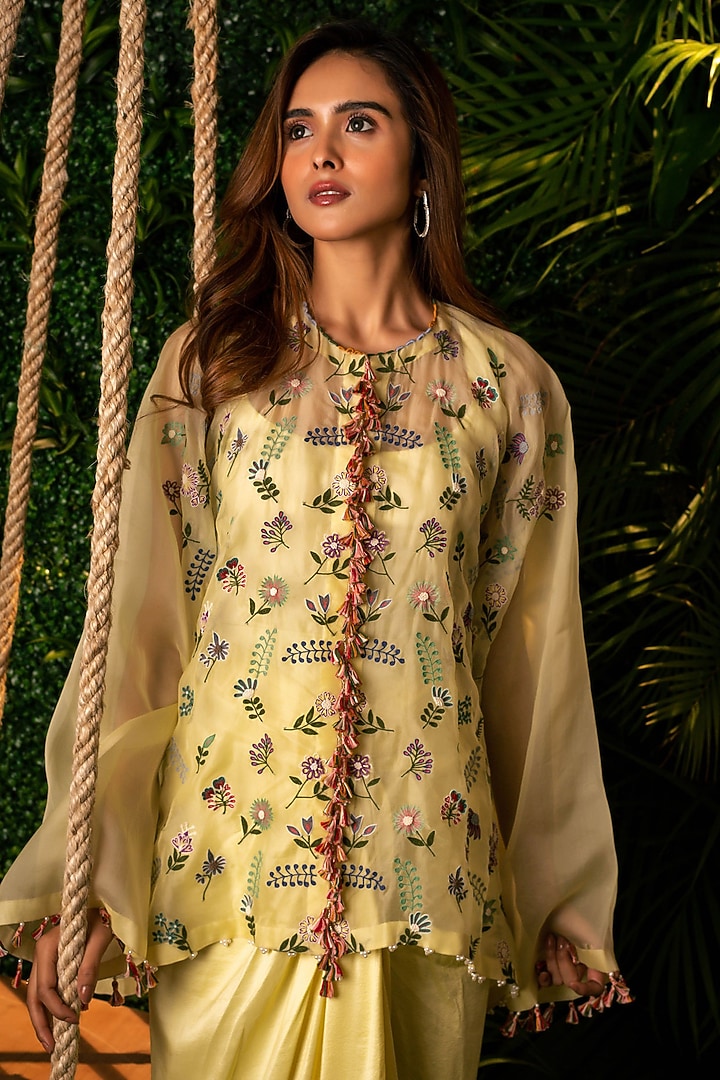 Lemon Green Dupion & Organza Pre-Draped Skirt Set by Pallavi Poddar (India) at Pernia's Pop Up Shop