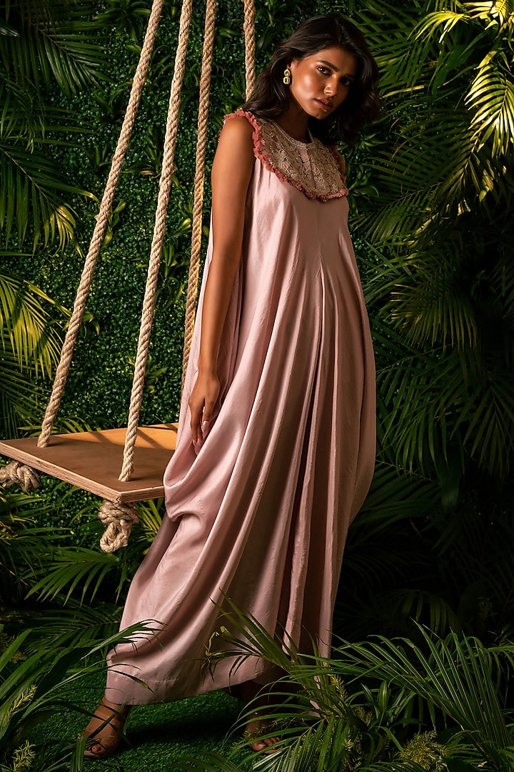 Dusty Rose Dupion Embroidered Singlet Jumpsuit by Pallavi Poddar (India)