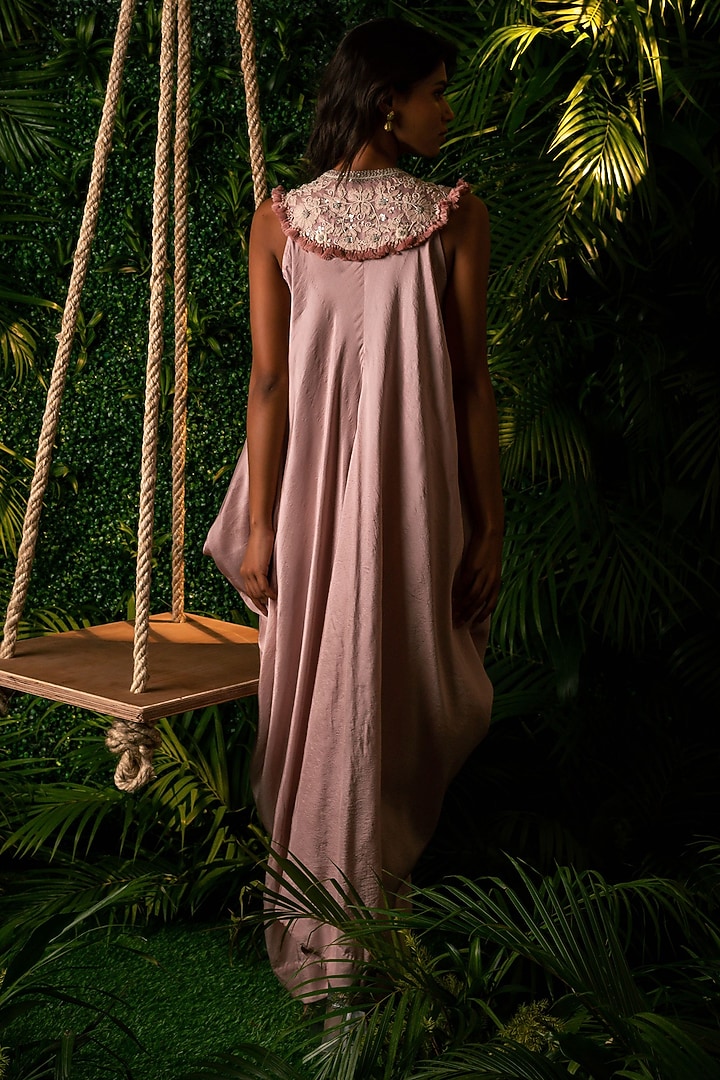 Dusty Rose Dupion Embroidered Singlet Jumpsuit by Pallavi Poddar (India) at Pernia's Pop Up Shop