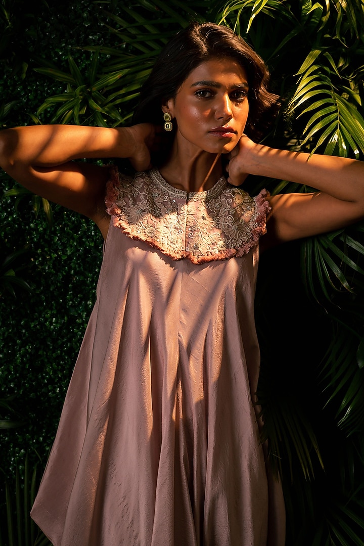 Dusty Rose Dupion Embroidered Singlet Jumpsuit by Pallavi Poddar (India) at Pernia's Pop Up Shop