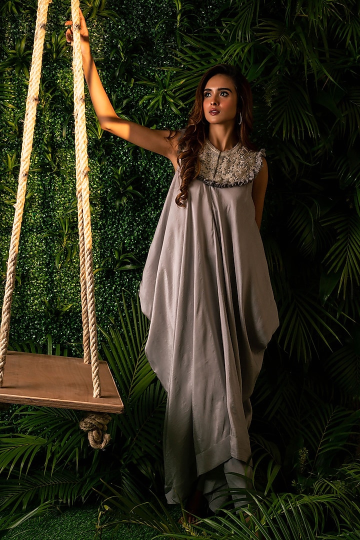 Dusty Grey Dupion Embroidered Singlet Jumpsuit by Pallavi Poddar (India)