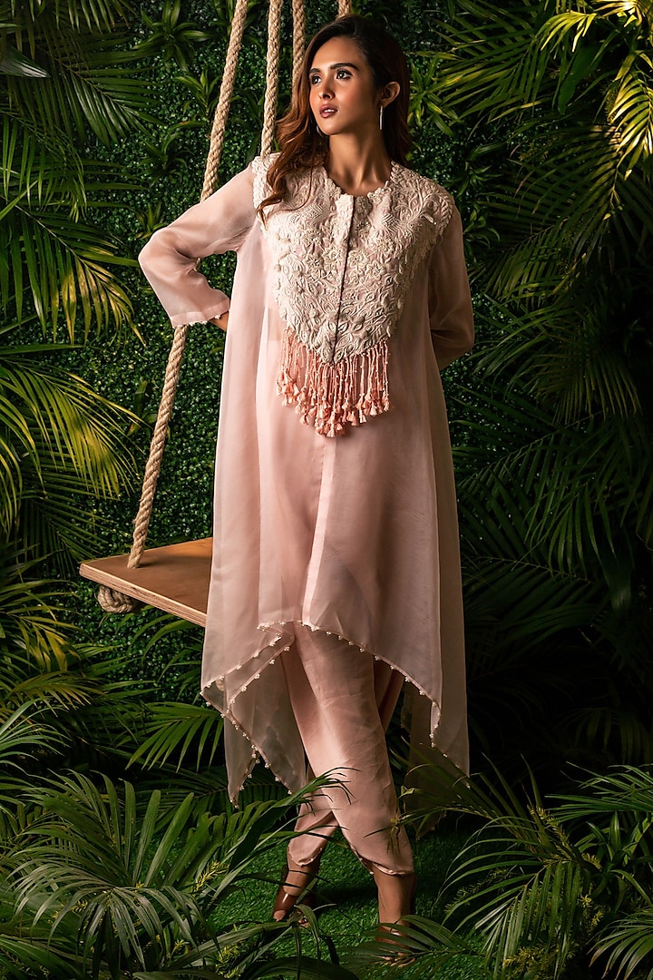 Pink Dupion & Organza Embroidered Tunic Set by Pallavi Poddar (India) at Pernia's Pop Up Shop