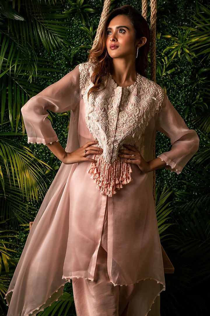 Pink Dupion & Organza Embroidered Tunic Set by Pallavi Poddar (India) at Pernia's Pop Up Shop