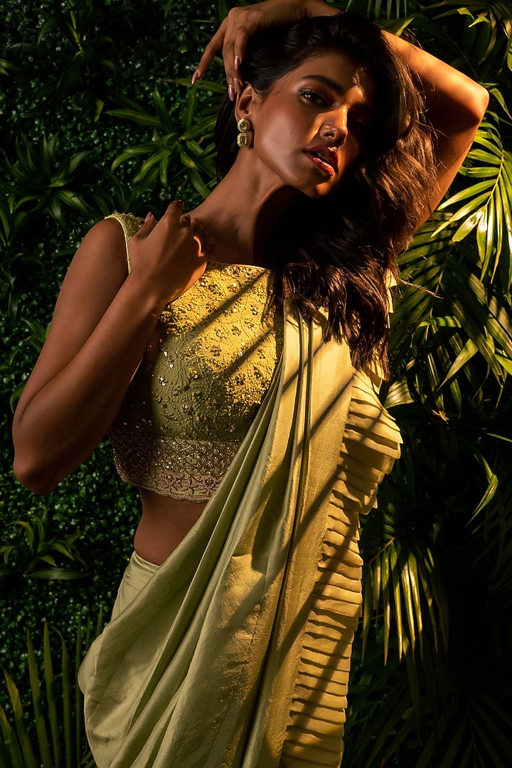 Green Dupion Draped Wedding Saree Set by Pallavi Poddar (India) at Pernia's Pop Up Shop