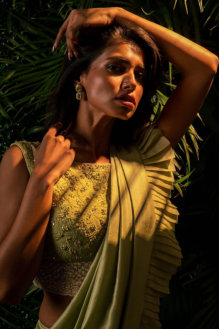 Green Dupion Draped Wedding Saree Set by Pallavi Poddar (India) at Pernia's Pop Up Shop