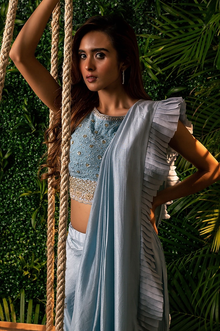 Blue Dupion Draped Wedding Saree Set by Pallavi Poddar (India) at Pernia's Pop Up Shop