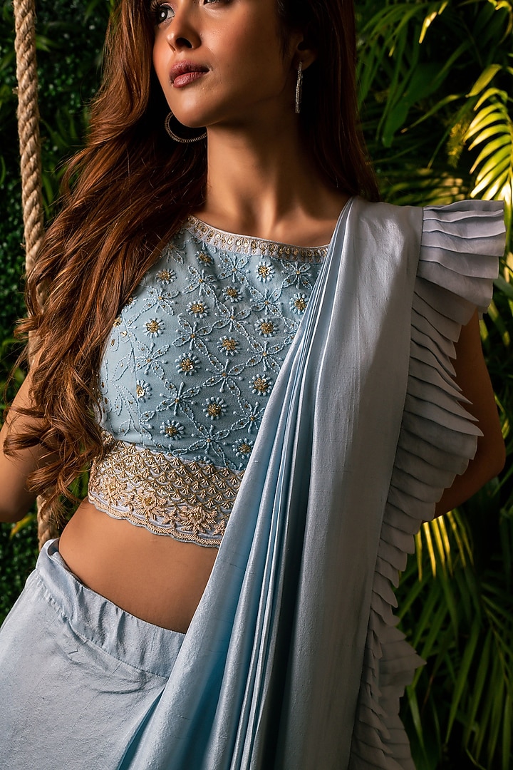 Blue Dupion Draped Wedding Saree Set by Pallavi Poddar (India) at Pernia's Pop Up Shop