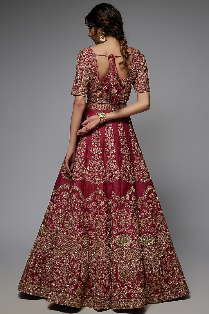 Red Pure Raw Silk Embroidered Bridal Lehenga Set by Pallavi Poddar (India) at Pernia's Pop Up Shop