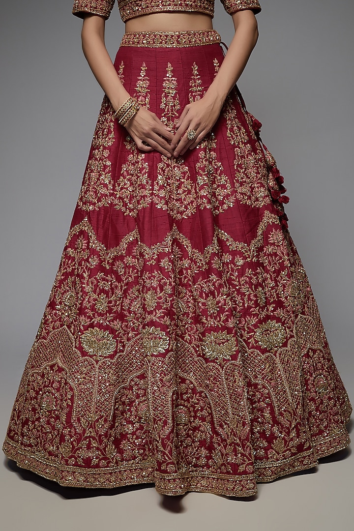 Red Pure Raw Silk Embroidered Bridal Lehenga Set by Pallavi Poddar (India) at Pernia's Pop Up Shop