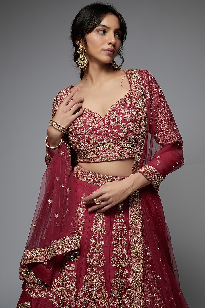 Red Pure Raw Silk Embroidered Bridal Lehenga Set by Pallavi Poddar (India) at Pernia's Pop Up Shop