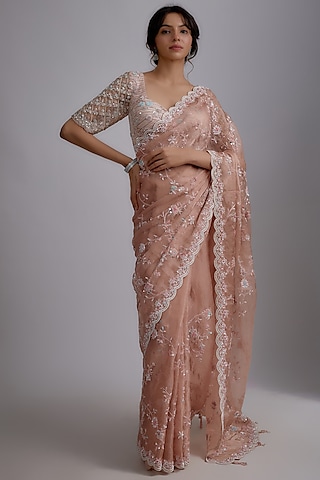 Pink Organza Hand Embroidered Saree Set by Pallavi Poddar (India)