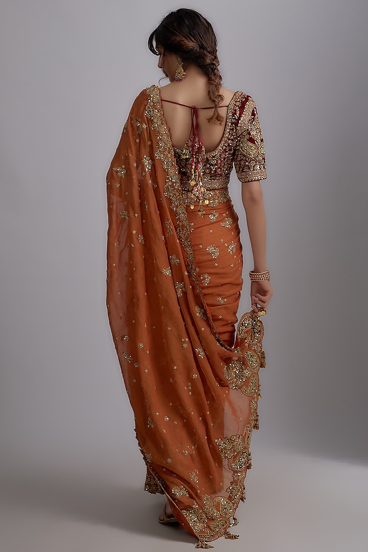 Rust Chanderi Tissue Embroidered Wedding Saree Set by Pallavi Poddar (India) at Pernia's Pop Up Shop