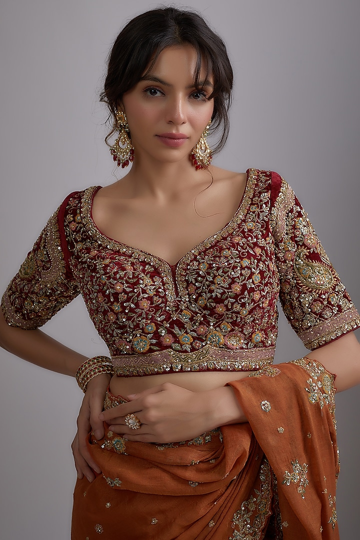Rust Chanderi Tissue Embroidered Wedding Saree Set by Pallavi Poddar (India) at Pernia's Pop Up Shop