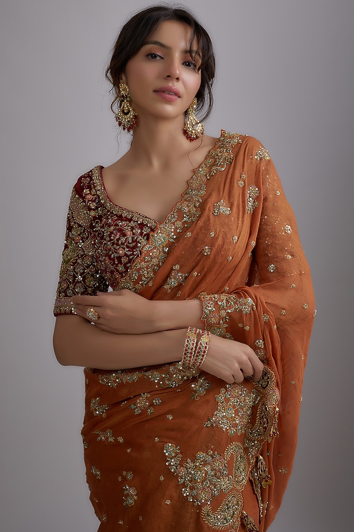 Rust Chanderi Tissue Embroidered Wedding Saree Set by Pallavi Poddar (India) at Pernia's Pop Up Shop