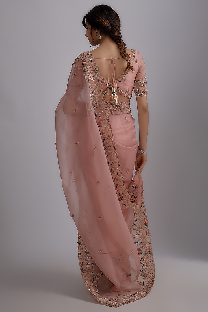 Pink Organza Hand Embroidered Reception Saree Set by Pallavi Poddar (India) at Pernia's Pop Up Shop