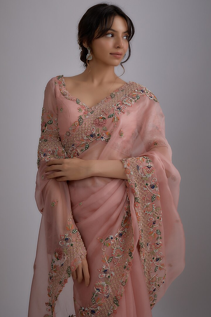 Pink Organza Hand Embroidered Reception Saree Set by Pallavi Poddar (India) at Pernia's Pop Up Shop