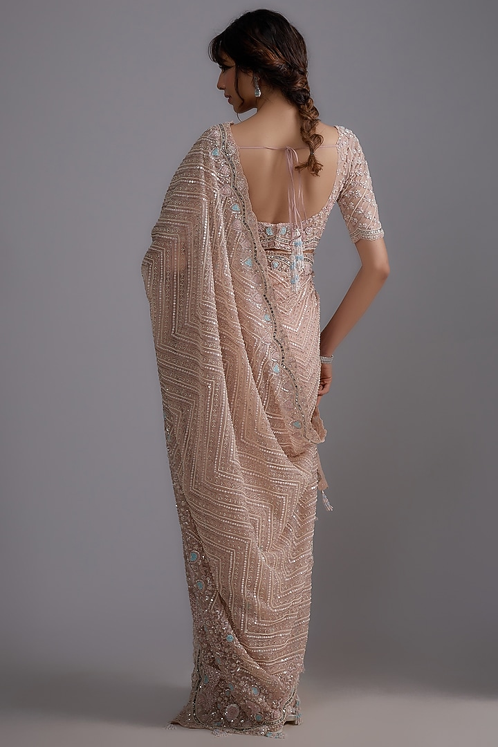 Pink Tulle Embellished Reception Saree Set by Pallavi Poddar (India) at Pernia's Pop Up Shop