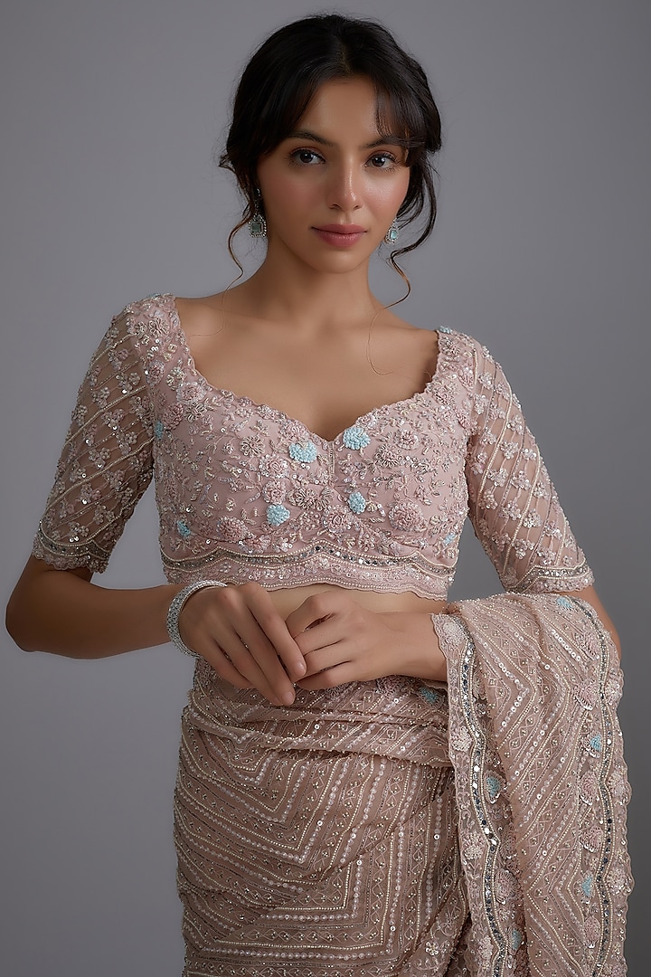 Pink Tulle Embellished Reception Saree Set by Pallavi Poddar (India) at Pernia's Pop Up Shop