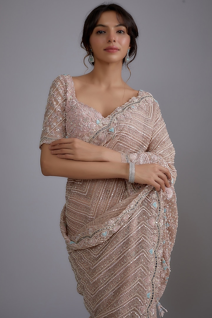 Pink Tulle Embellished Reception Saree Set by Pallavi Poddar (India) at Pernia's Pop Up Shop